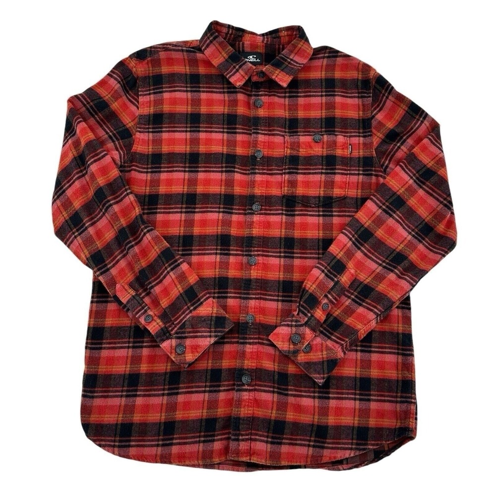 O'Neill Men Large Red Black Plaid Flannel Button Down Shirt FA9104207 Bike Comfy